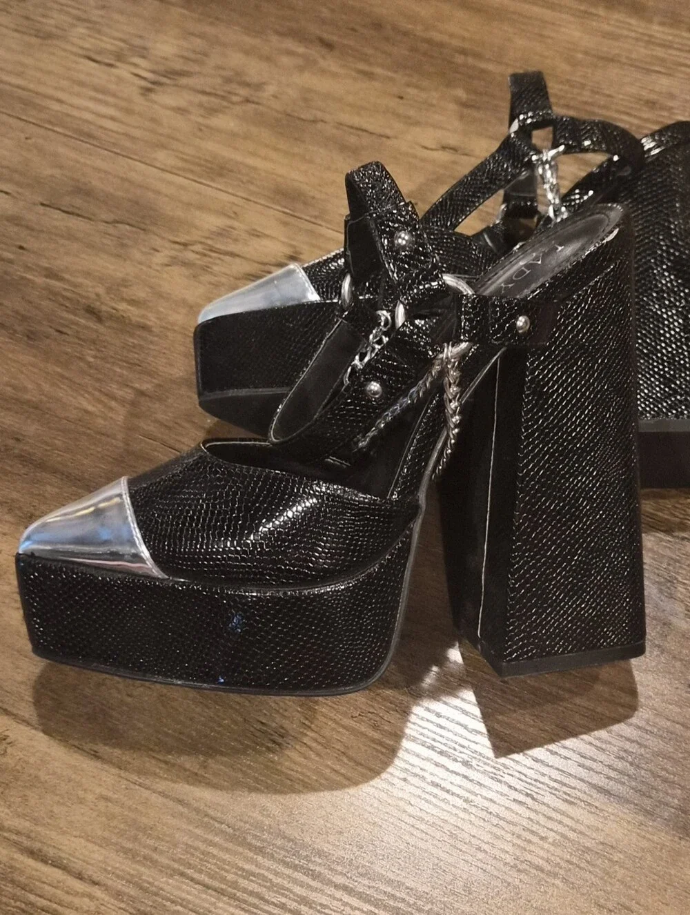 Dolls Kill Black Snake Platform Sandals with Silver Toe Cap